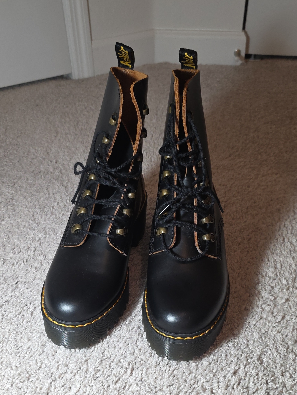 Dr. Martens Leona Black Lace-Up Platform Boots with Yellow Stitching